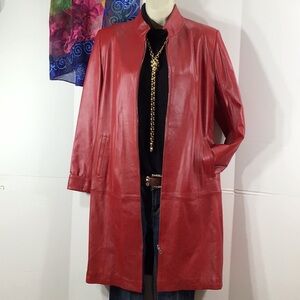 Vintage red lamb skin leather zip front long coat L